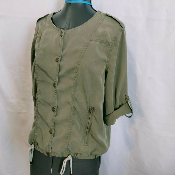 Market & Spruce Light Jacket Shirt Shacket M Olive Green Snap Roll Tab 3/4 Slv - Picture 9 of 11